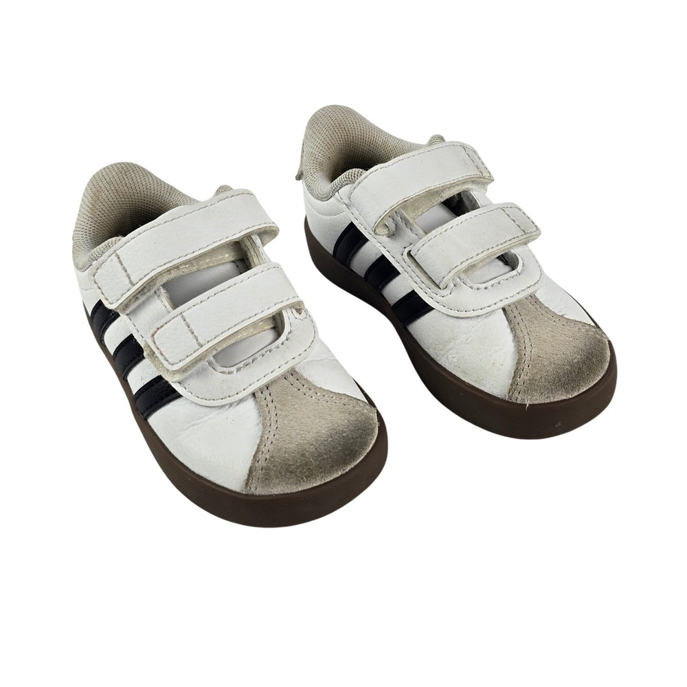 Adidas VL Court 3.0 Hook‎ and Loop Sneaker Kids 7K White Black Gum Sole Stripes